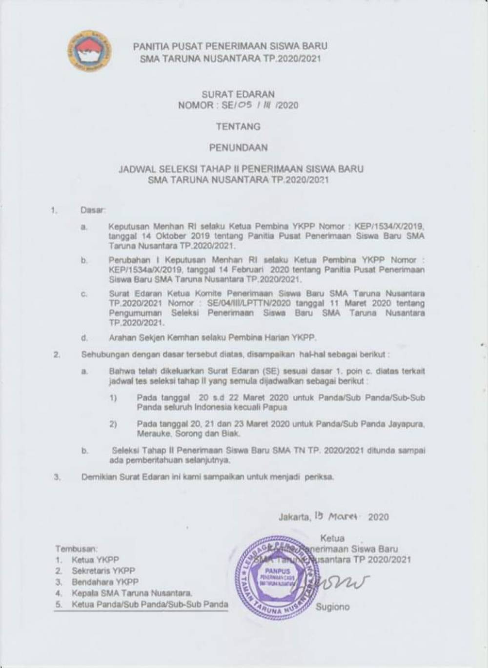 Seleksi Tahap II Pensisru SMA TN TP 2020/2021 ditunda sampai pemberitahuan selanjutnya